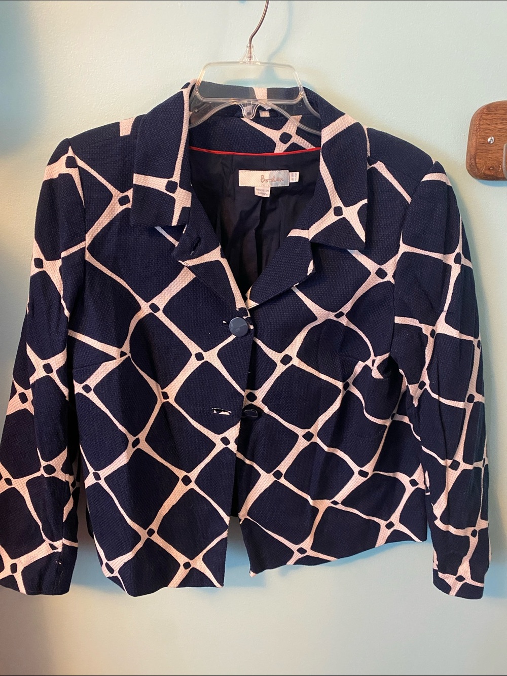 Boden Navy & Ivory Geometric Cropped Jacket women’s US 10 Like New! Machine wash